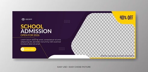 Wall Mural - Editable school admission Web banner template. With purple and yellow colour background