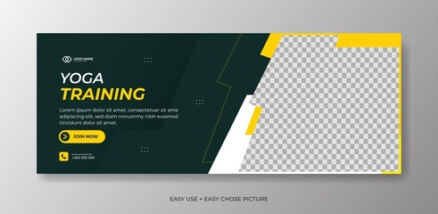 editable yoga web banner template. with blue and yellow colour background..