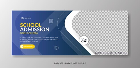 Wall Mural - Editable school admission Web banner template. With blue and yellow colour background
