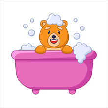 Cute Orange Bear Cartoon Character Taking Bath Sticker. Funny Happy Comic Forest Animal Sitting In Foamy Bathtub Flat Vector Illustration Isolated On White Background. Wildlife, Emotions Concept