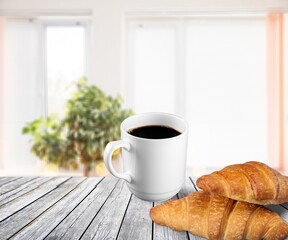 Sticker - Espresso or black coffee in white cup with croissants