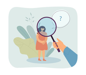 Poster - Person looking at girl through magnifier. Hand holding magnifying glass, getting to know new friend flat vector illustration. Meeting, friendship concept for banner, website design or landing web page