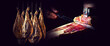Diseño o collage de jamón de bellota o jamón ibérico. Cortando jamón ibérico. Jamón español y comida tradicional.