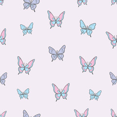 Wall Mural - vector butterfly seamless repeat pattern, blue and pink pastel background.