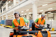 © dusanpetkovic1 - Two warehouse workers having fun at work by driving forklifts.
