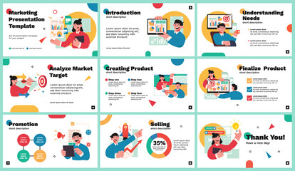 Presentation and slide background template. Template with digital Marketing SEO character illustration. Use in Presentation, flyer and leaflet, corporate report, marketing, advertising, annual report
