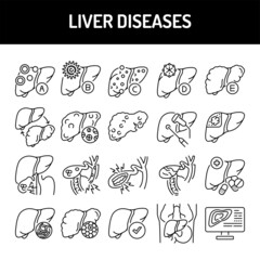 Wall Mural - Liver diseases line icons set. Isolated vector element.