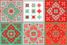 Morocco Tiles Background Textures. Decorative Colored Ceramic Tile. Colorful Design. Set Of Seamless Vector Patterns. Red Folk Ethnic Ornaments For Print, Web Background, Surface Texture, Towels…
