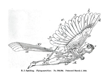 Illustration of a 19th-century vintage flying device with bird's wings.