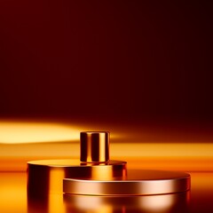 3D Rendering dark orange sunset theme luxury cylinder rose gold podium on metallic background cosmetic fashion product display concept mockup showcase illustration
