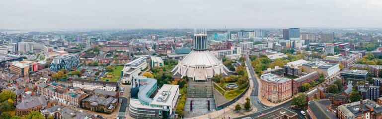 Panoramic aerial shot of the cityscape of Liverpool, England