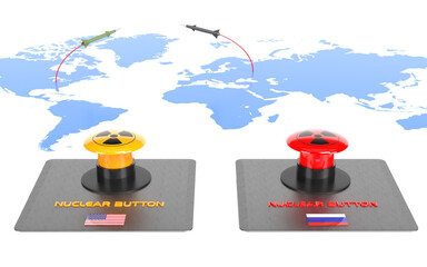 Nuclear atom lunch buttons US an Russia 3D rendering
