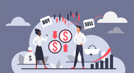 Poster - Trade and exchange in stock market vector illustration. Cartoon business people make deals, trading, standing with financial graph and growth of chart, candlesticks. Finance, investment concept