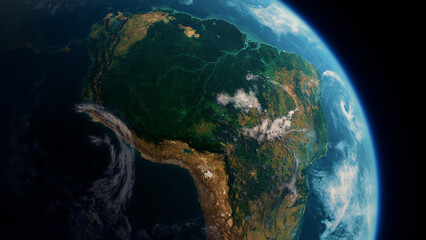 rainforest of amazon in south america from the space view, realistic planet earth rotation