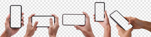 Hand Holding The Black Smartphone Mobile Phone - Clipping Path , Iphon Blank Screen And Modern Frameless Design, Hold Mobile Phone On Transparent Background Ideal For Marketing, App Design Ui-ux 