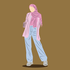 Muslim Girls Wearing Fashionable Office Looks in Simple Flat Illustration Style. Female Hijab Casual Concept.