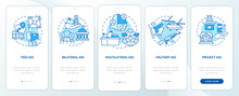 Types Of Foreign Aid Blue Onboarding Mobile App Screen. Project Aid Walkthrough 5 Steps Graphic Instructions Pages With Linear Concepts. UI, UX, GUI Template. Myriad Pro-Bold, Regular Fonts Used