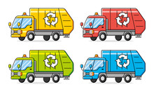Yellow, Green, Red And Blue Recycling Garbage Truck Isolated Cartoon Vector Set.