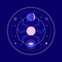 Wall Mural - Mysterious space round composition with planets and stars. Vector illustration on theme of astrology, astronomy, esotericism. Cosmic art. Celestial bodies. Cover, card, print on clothes, poster