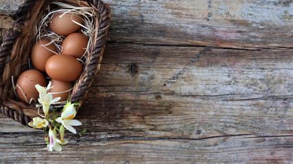 Wall Mural - Background easter. A basket with eggs stands on a wooden rustic background. Copy space. Flat Lay.