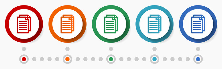Fototapete - Document, file, copy concept vector icon set, flat design colorful buttons, infographic template in 5 color options