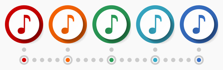 Aufkleber - Music, note concept vector icon set, flat design colorful buttons, infographic template in 5 color options