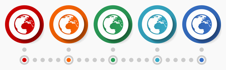Leinwandbilder - Globe, earth, world concept vector icon set, flat design colorful buttons, infographic template in 5 color options