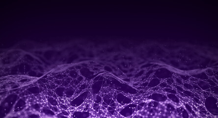 Fototapete - Low poly shape with connecting dots and lines on purple background. Abstract polygonal space, dark background with connecting dots and lines. 3d rendering. Big data visualization.