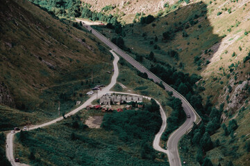 Aerial view of roads in the mountainous area of Cheile Valisoarei, Romania