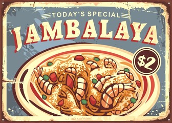 Wall Mural - Jambalaya retro advertisement on old metal texture. Traditional Louisiana meal with shrimps, rice, sausage and spices. Vintage restaurant vector sign design.