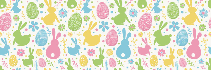 Wall Mural - easter pattern with decorative eggs, bunnies and flowers. wallpaper or wrapping paper concept. banne