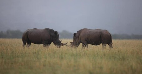 two white rhinos are fighting in the savannah