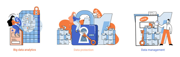 Big data analytics platform, data management and protection creative metaphor set abstract concept. Data center room disk infrastructure business information safety. Technology Internet and network