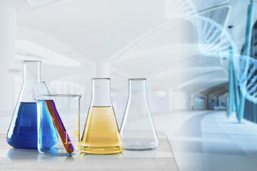 Sticker - Laboratory glass flask and beaker and medical science laboratory background