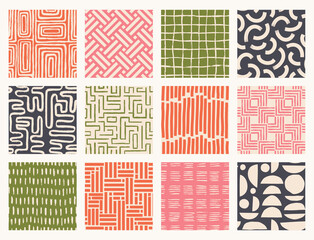 Set Aesthetic Contemporary printable seamless pattern with abstract line brush stroke shapes and line in nude colors. Pastel boho background in minimalist mid century style vector Illustration wall