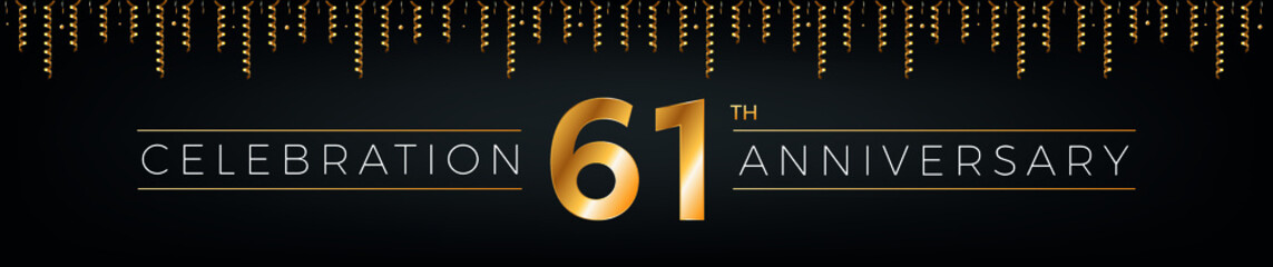 Wall Mural - 61th anniversary. Sixty-one years birthday celebration horizontal banner with bright golden color.