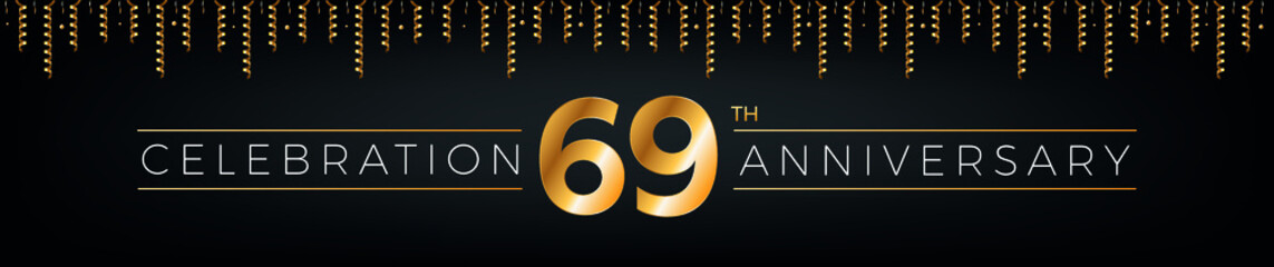 Wall Mural - 69th anniversary. Sixty-nine years birthday celebration horizontal banner with bright golden color.