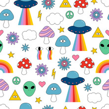 Retro Seamless Pattern With Flowers, Ufo, Aliens, Rainbow And Psychedelic Mushrooms. 70s Hippie Style. Hand Drawn Doodle. Vector Illustration