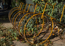 Closeup Shot Of Old, Metal Bicycle Racks In A Park