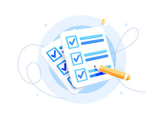 3d notes with check mark. completed task list or checklist. paper document or report with pencil. re