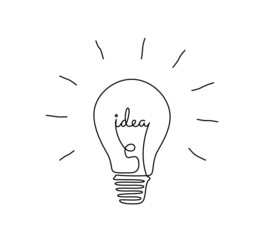 Wall Mural - Light bulb with idea in one continuous line drawing. Brainstorm symbol and creative mind concept in simple linear style. Shining lamp with editable stroke. Vector illustration