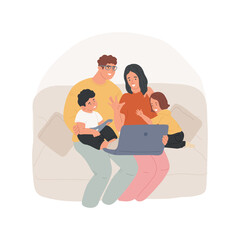 Wall Mural - Family video chat isolated cartoon vector illustration. Family members sitting on sofa in front of tablet, having video chat with relatives, waving hands, online communication vector cartoon.