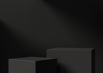 Modern minimal black podium or pedestal for product showcase. Boxes shapes pedestal. Dark background. Empty stage  display. 3d render illustration