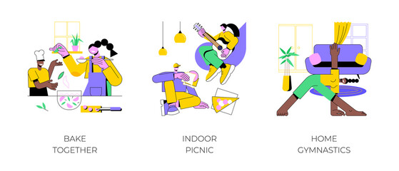 Poster - Family fun amid quarantine abstract concept vector illustration set. Bake together, indoor picnic, home gymnastics, time together with children, indoor activities, stay at home abstract metaphor.