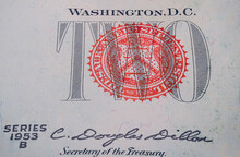 Closeup Shot Of The Rare Red Seal On The US Two Dollar Bill, 1953 Series