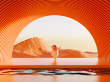 Surreal View From The Orange Planet With Astronaut Or Alien In Total Harmony And Beautiful 3D Rendering Mountains View. Dream Or Metaverse Travelling To Surreal Places