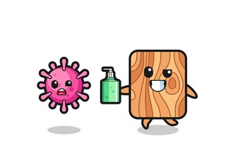 Poster - illustration of plank wood character chasing evil virus with hand sanitizer