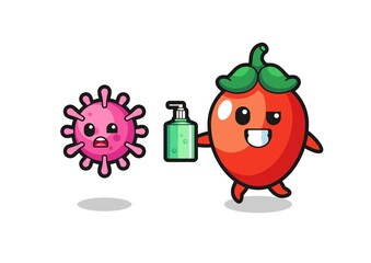 Poster - illustration of chili pepper character chasing evil virus with hand sanitizer