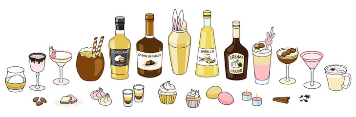 Easter holiday cocktail collection set. Cute pink and yellow drinks in glasses decorated with sugar bunnies and chocolate eggs, sweet liquor bottles, bar shaker. Cartoon doodle style illustration.