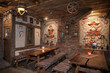 © Mint Images - A hotel bar with old fashioned retro styled rooms, and rustic objects.